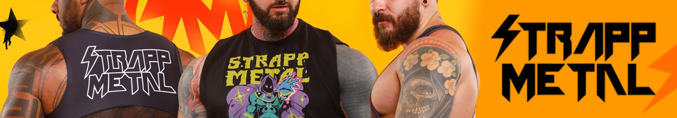 STRAPP METAL This image shows 3 models including Amadeus (Massively Mode) and Teddy Bryce in Rock n Roll inspired gear - against an orange background with the STRAPP METAL Logo on the right in Black.