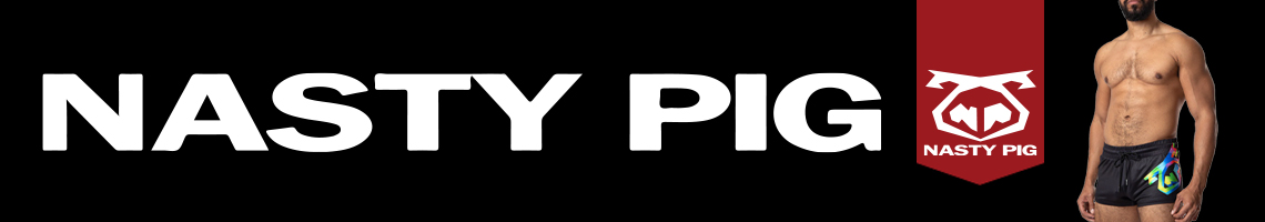 Graphic features the NASTY PIG logo, next to its snout logo on a red tab to the right. Next to the logos is a muscular model wearing a pair of Black Nasty Pig shorts with a Pride themed Snout Logo graphic.