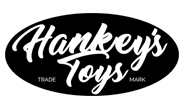 This is the Hankey's Toys logo which is a landscape black oval disk with Hankey's Toys written in white, handwriting style text.