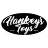 This is the Hankey's Toys logo which is a landscape black oval disk with Hankey's Toys written in white, handwriting style text.